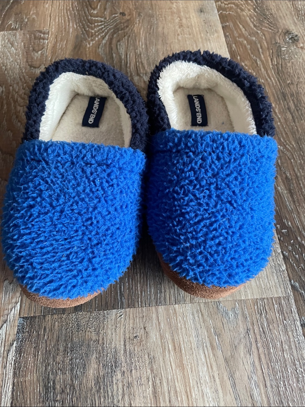 Lands' End Royal Blue Sherpa Slip-On Slippers with Navy Trim